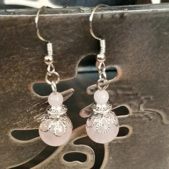 Rose Quartz Gemstone Lacy Sterling Silver Plated Filigreee Earrings Handmade - Picture 1 of 4
